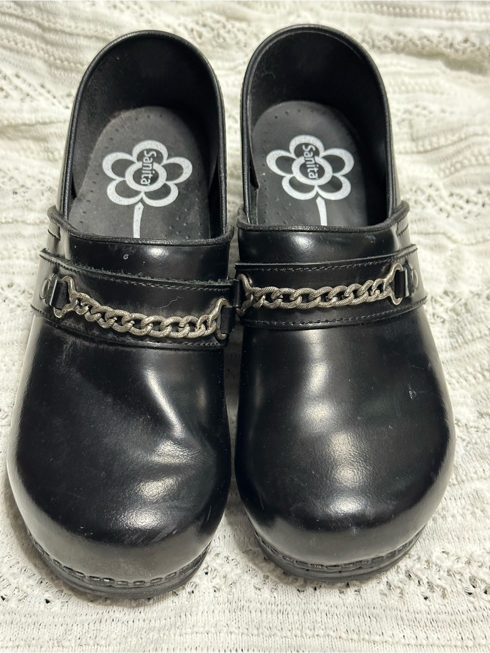 Sanita Black Leather Clogs with Silver Chain Accent